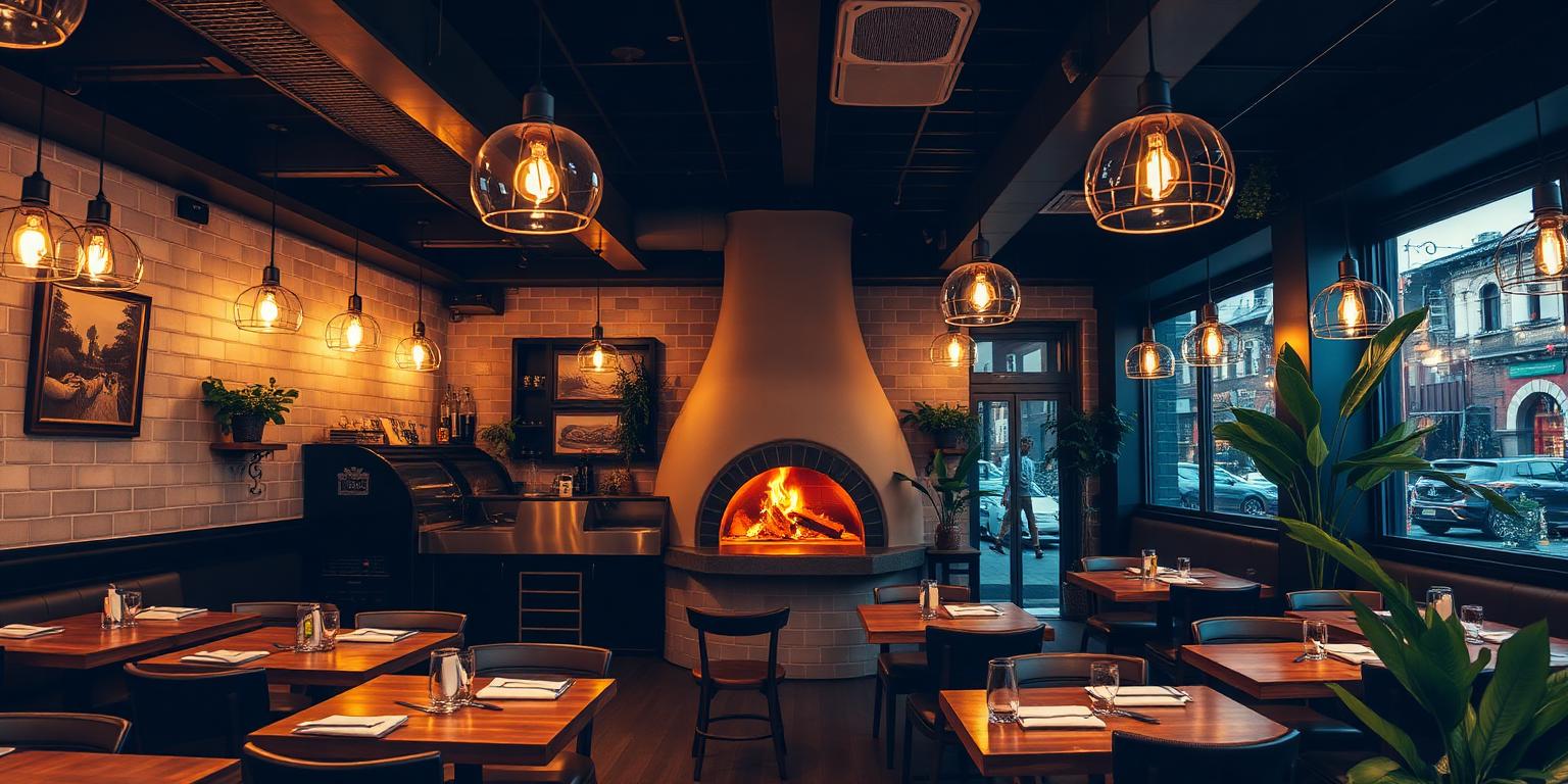 Wnętrze pizzerii di hubertiglia z piecem opalanym drewnem