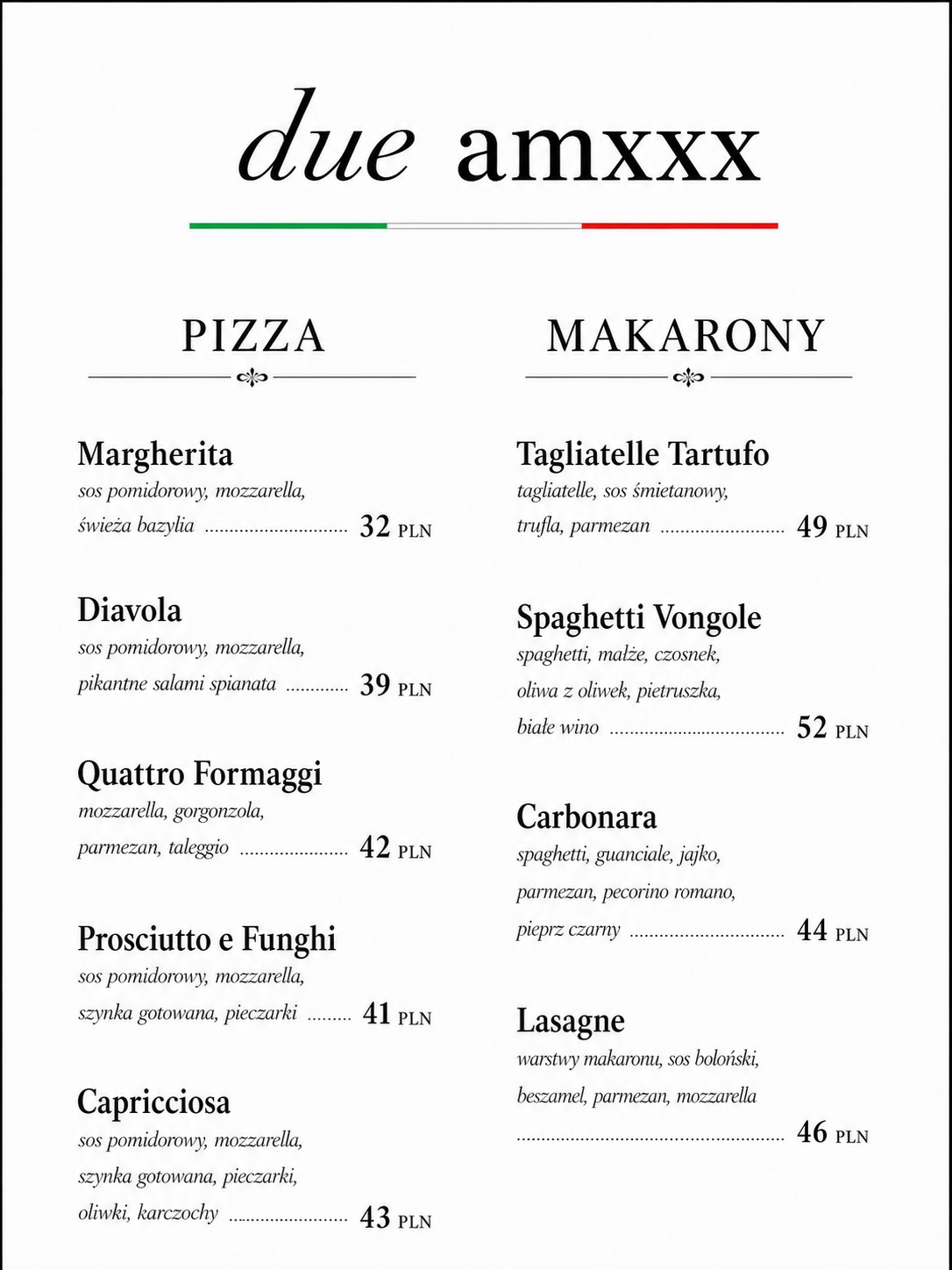 Karta menu – pizza i makarony z cenami